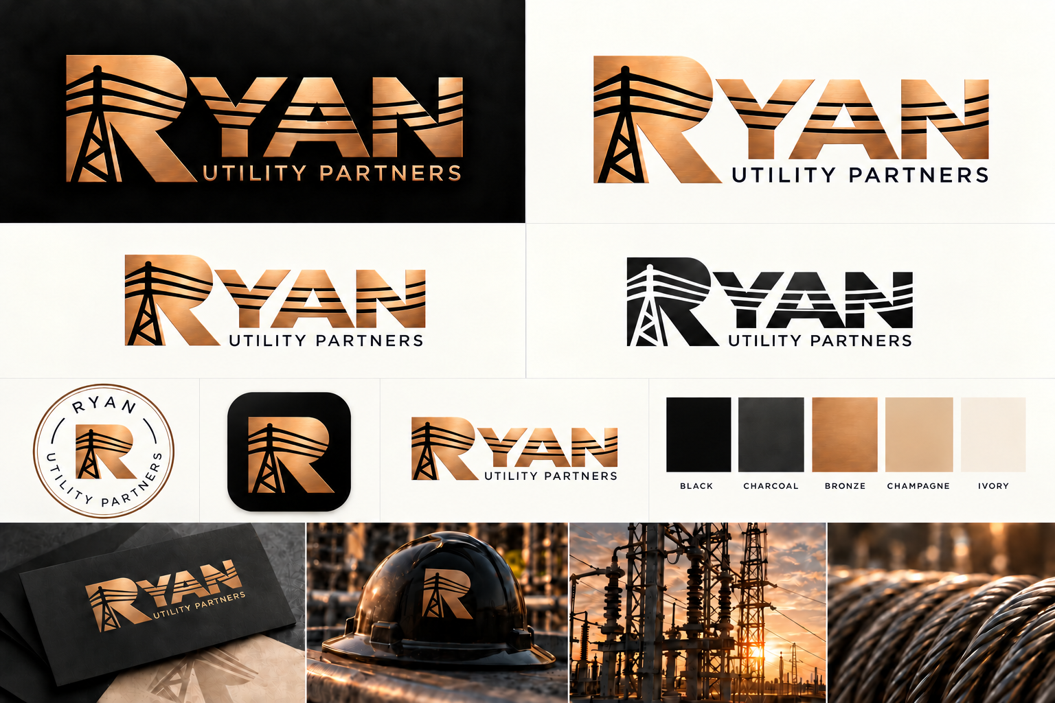 Ryan Utility Partners — copper lettering with a transmission tower and three power lines extending across RYAN